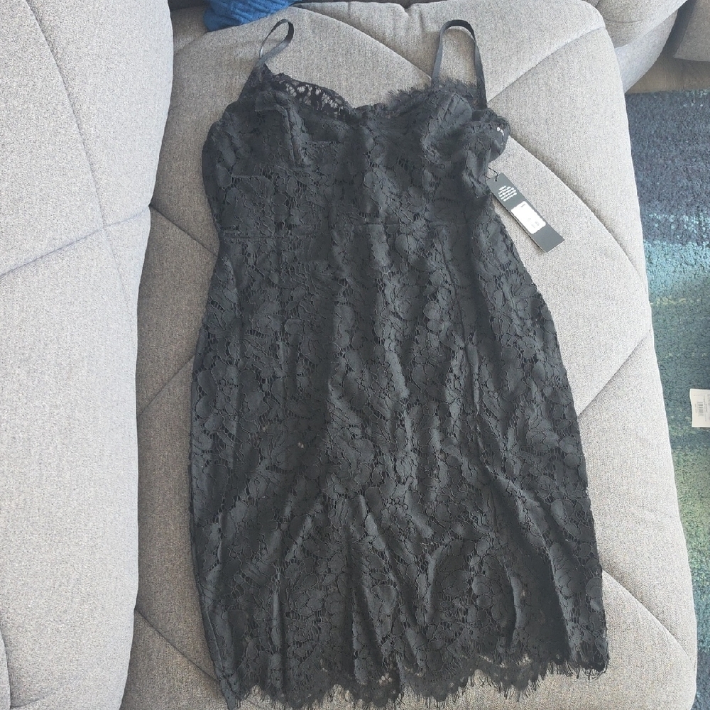 Black Lace Slip Dress with Scalloped Hem